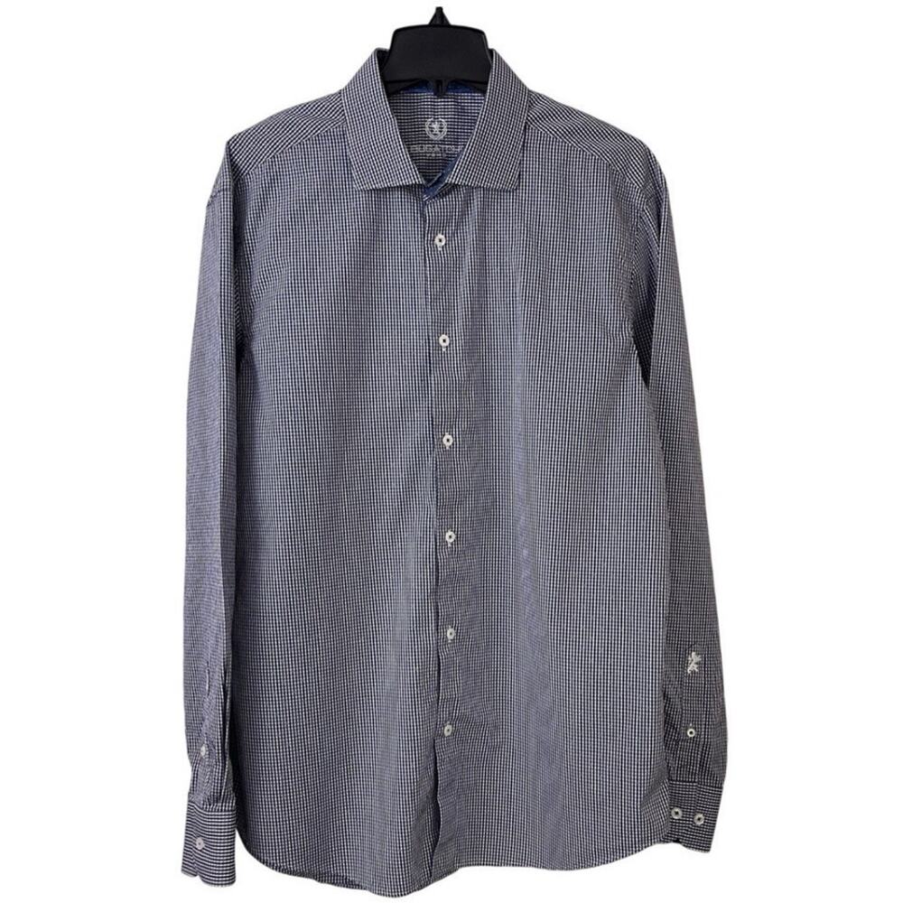 Bugatchi Uomo Shirt Mens 17.5 36/37 XL Button Up Flip Cuff Gingham Embroidered
